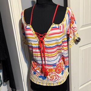 Flying Tomato Colorful Striped Floral Cold Shoulder Women's Top Size M